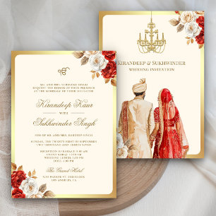 Ivory Red Roses Floral Anand Karaj Sikh Wedding Invitation