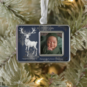 Ivory Reindeer Babys First Christmas Blue Silver Plated Framed Ornament