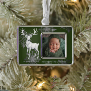 Ivory Reindeer Babys First Christmas Green Silver Plated Framed Ornament