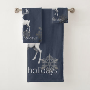Ivory Reindeer Christmas Blue Bath Towel Set