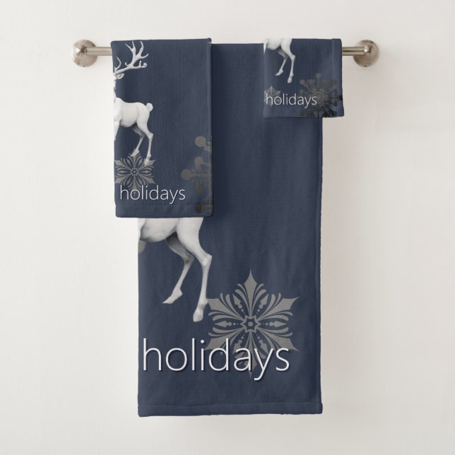 Ivory Reindeer Christmas | Blue Bath Towel Set (Insitu)