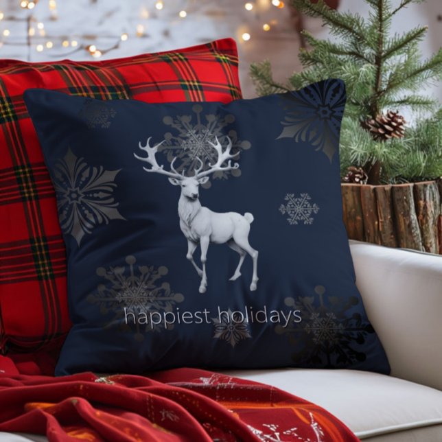 Ivory Reindeer Christmas | Blue Cushion (Blue Ivory Reindeer Christmas Throw Pillow)