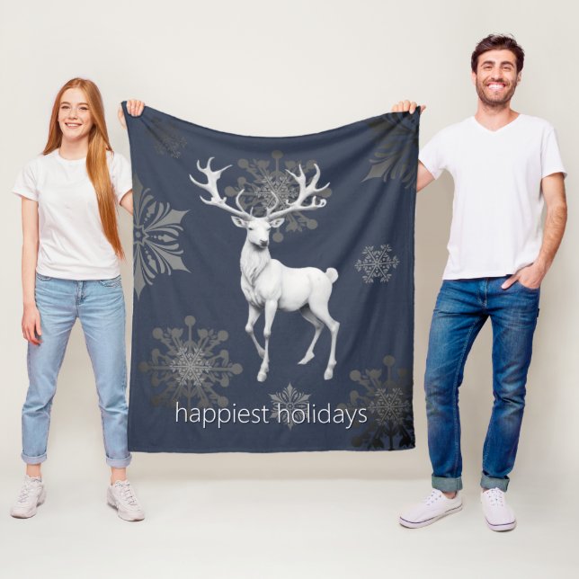 Ivory Reindeer Christmas | Blue Fleece Blanket (In Situ)