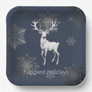 Ivory Reindeer Christmas Blue Paper Plate