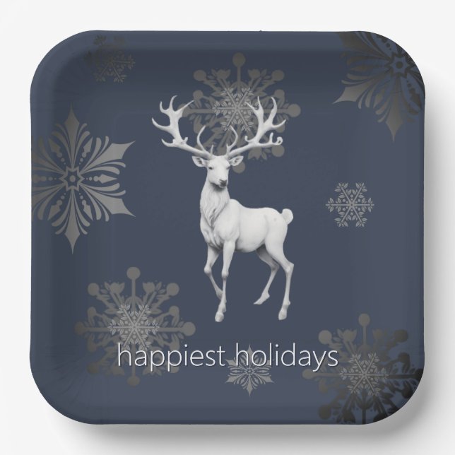 Ivory Reindeer Christmas | Blue Paper Plate (Front)