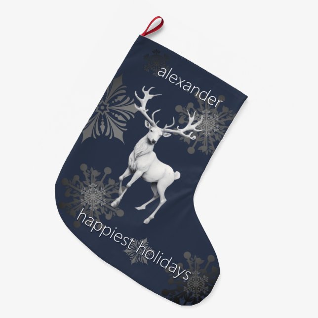 Ivory Reindeer Christmas | Blue Personalised Large Christmas Stocking (Front (Hanging))
