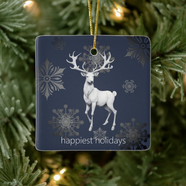 Ivory Reindeer Christmas | Blue Photo Ceramic Ornament (Tree)