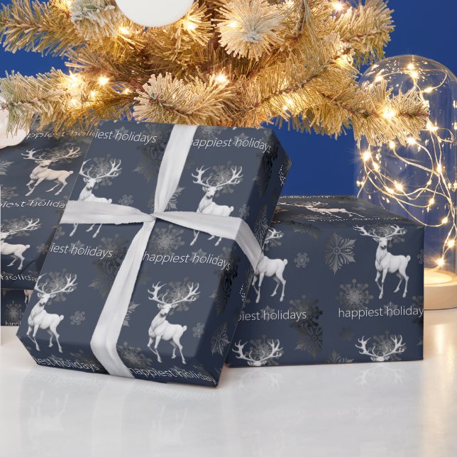 Ivory Reindeer Christmas | Blue Wrapping Paper (Holidays)