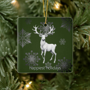 Ivory Reindeer Christmas Green Photo Ceramic Ornament
