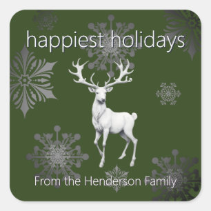 Ivory Reindeer Christmas   Green Square Sticker