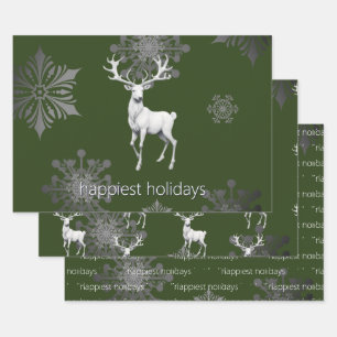 Ivory Reindeer Christmas Green Wrapping Paper Sheet