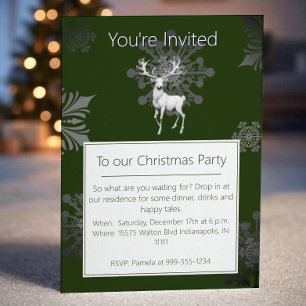 Ivory Reindeer Christmas Party Green Invitation