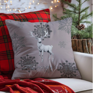 Ivory Reindeer Christmas   Pink Cushion