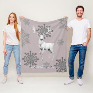 Ivory Reindeer Christmas   Pink Fleece Blanket