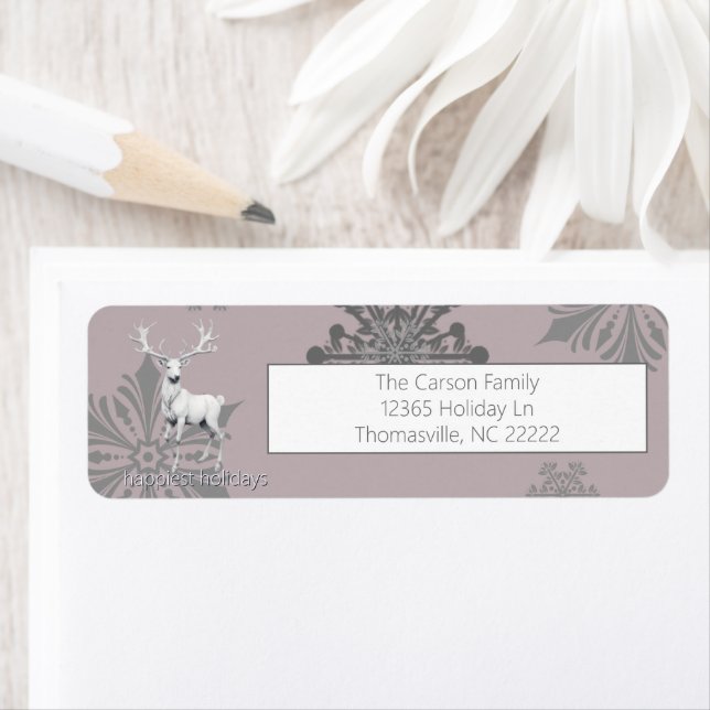 Ivory Reindeer Christmas | Pink Return Address Label (Insitu)