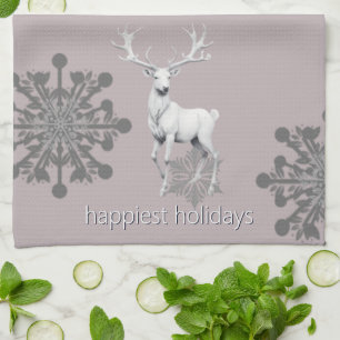 Ivory Reindeer Christmas   Pink Tea Towel