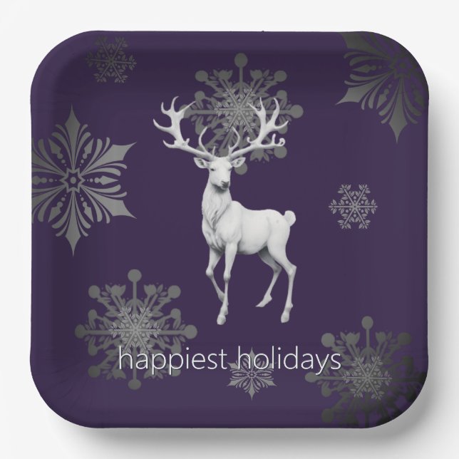 Ivory Reindeer Christmas | Purple Paper Plate (Front)