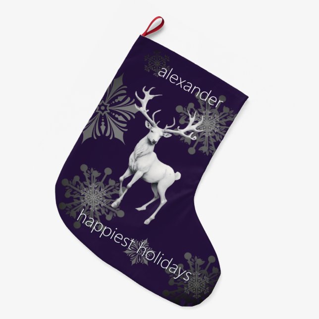 Ivory Reindeer Christmas | Purple Personalised Large Christmas Stocking (Front (Hanging))