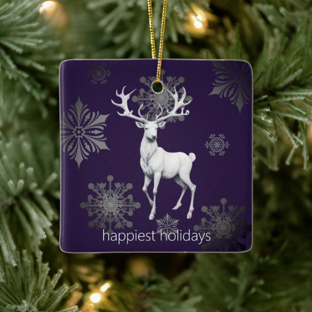Ivory Reindeer Christmas | Purple Photo Ceramic Ornament (Tree)