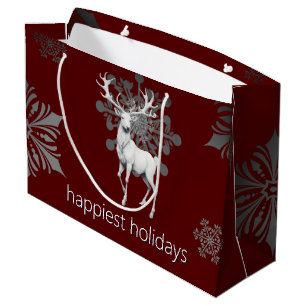 Ivory Reindeer Christmas   Red Large Gift Bag