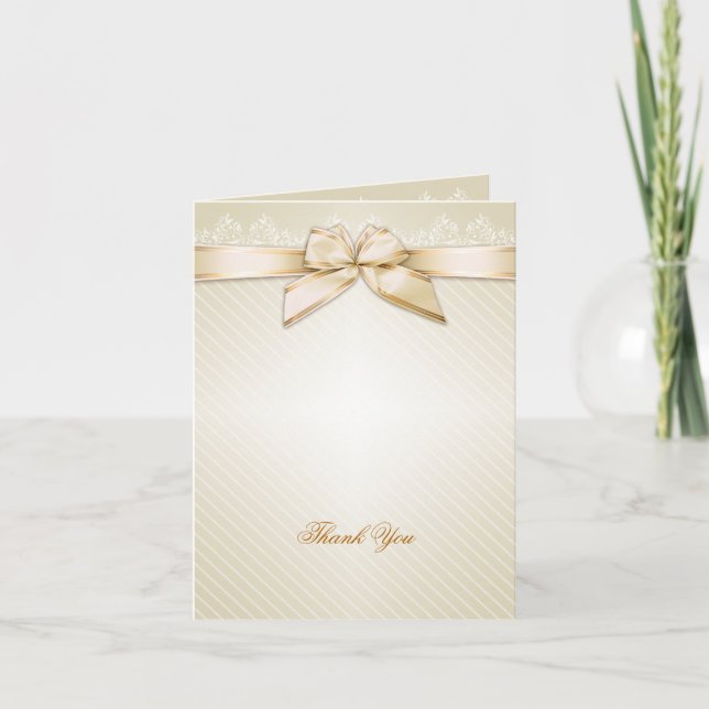 Ivory Ribbon Gold Stripes Blank Thank You Card (Front)