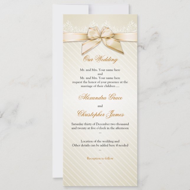 Ivory Ribbon Gold Stripes Wedding Invitation S4 (Front)