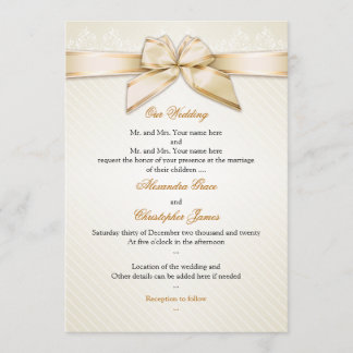 Ivory Ribbon Gold Stripes Wedding Invitation S5