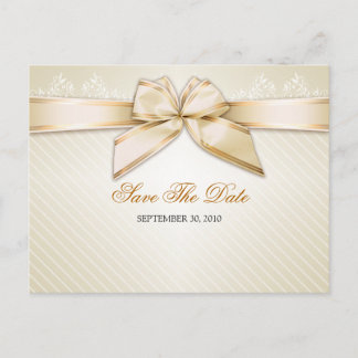Ivory Ribbon Gold Stripes Wedding Save the Date Announcement Postcard