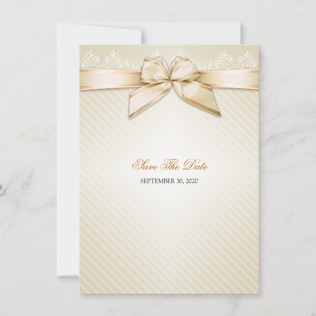 Ivory Ribbon Gold Stripes Wedding Save the Date S3 (Front)
