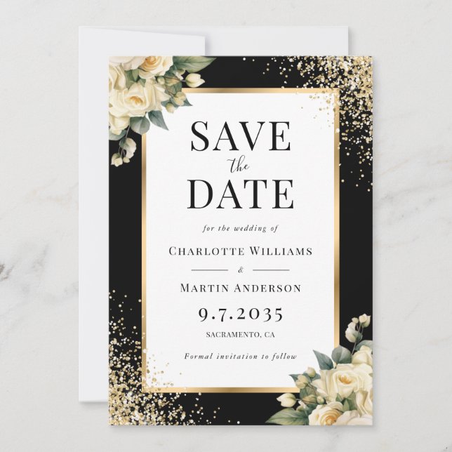 Ivory Rose Black Gold Confetti Floral Wedding Save The Date (Front)