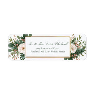 Ivory Rose Forest Green Gold Botanical Return Address Label
