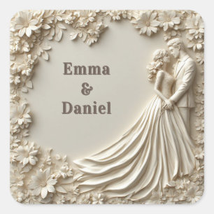 🤍 Ivory Rose Frame Wedding Couple Silhouette 🤍 Square Sticker