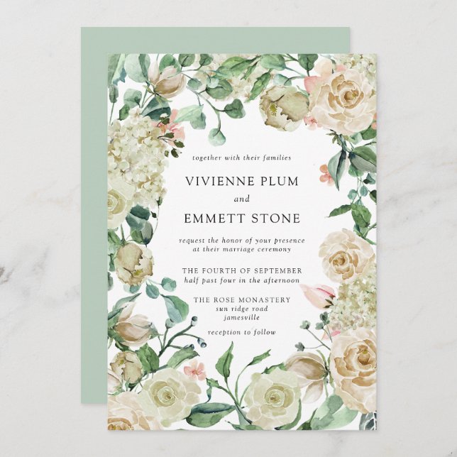 Ivory Rose Hydrangea Floral Wedding Invitation (Front/Back)