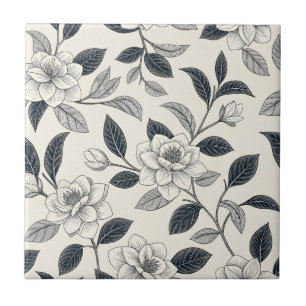 Ivory Rose Midnight Navy Marble Botanical Ceramic Tile