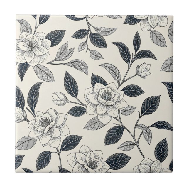 Ivory Rose Midnight Navy Marble Botanical Ceramic Tile (Front)