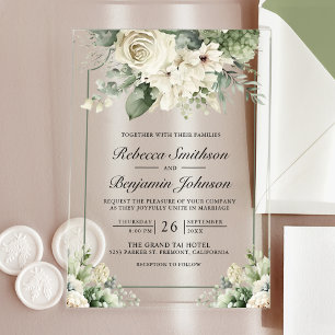 Ivory Rose Sage Green Floral Wedding Acrylic Invitations