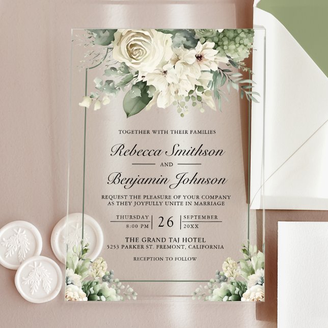 Ivory Rose Sage Green Floral Wedding Acrylic Invitations (Creator Uploaded)