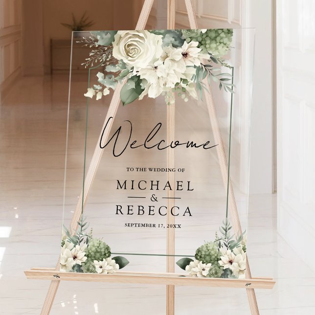 Ivory Rose Sage Green Floral Wedding Welcome Acrylic Sign (Creator Uploaded)