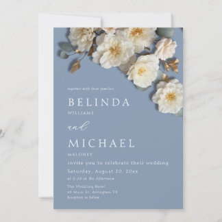 Ivory Roses 3D Flowers Dusty Blue Arch Wedding Inv Invitation