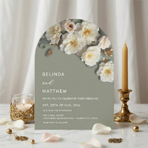 Ivory Roses 3D Flowers Sage Green Arch Wedding Invitation