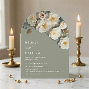 Ivory Roses 3D Flowers Sage Green Arch Wedding Invitation