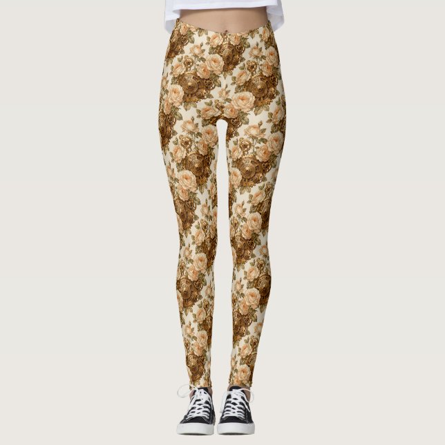 Ivory Roses and Brass Gears Steampunk Leggings (Front)