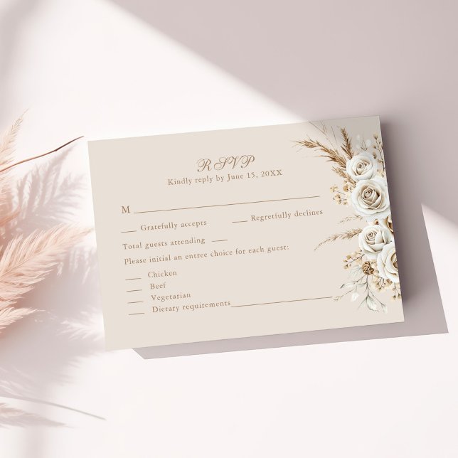 Ivory Roses Beige Wedding RSVP Card (Boho Beige Dried Flower and White Roses Wedding RSVP Card on a sunny white table with dry botanicals)
