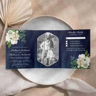 Ivory Roses Botanical Photo Navy Blue Wedding Tri-Fold Invitation