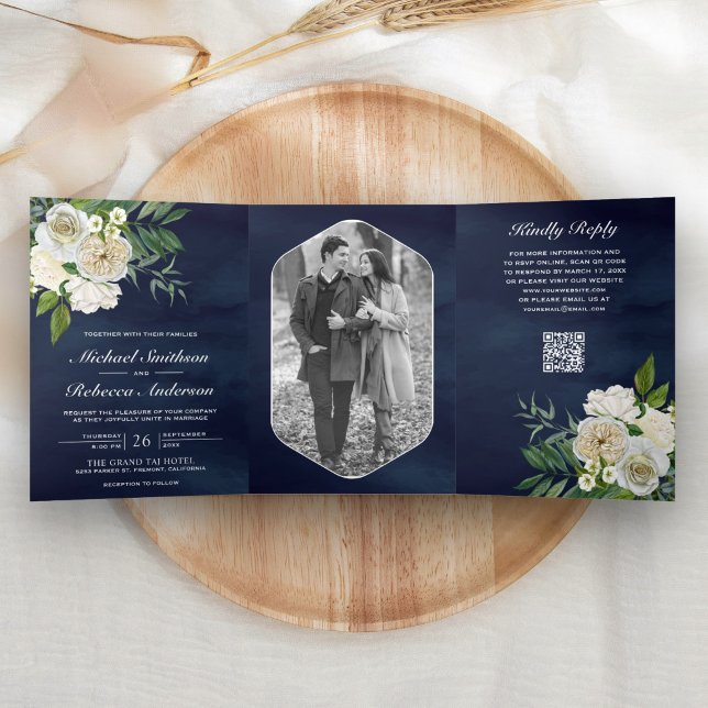Ivory Roses Botanical Photo QR Code Navy Wedding Tri-Fold Invitation (Creator Uploaded)