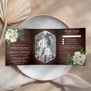 Ivory Roses Botanical Photo Rustic Wood Wedding Tri-Fold Invitation