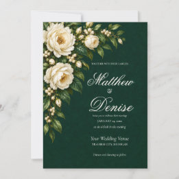 Ivory Roses & Emerald Romantic Winter Wedding Invitation
