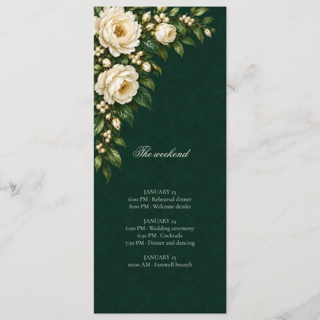 Ivory Roses & Emerald Wedding Weekend Events Program (Front)