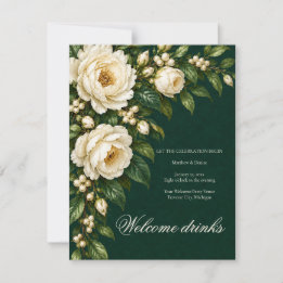 Ivory Roses & Emerald Welcome Drinks RSVP Card