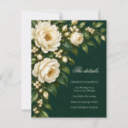 Ivory Roses & Emerald Winter Wedding Details RSVP Card